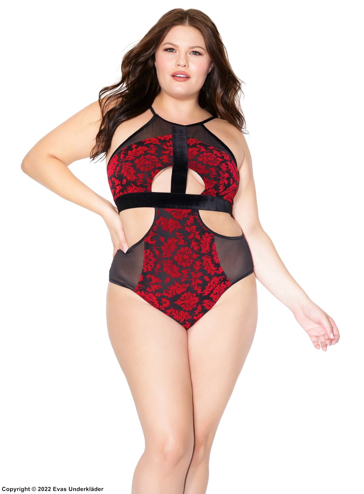 Verführerischer Dessous-Teddy, Damast, Neckholder, transparente Einlagen, ausgeschnitten, Plus Size